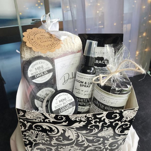 Gift Box with Candle, Body Butter, Scrub, Room Spray, Soap & Laundry Detergent | Starlight Soap & Candles